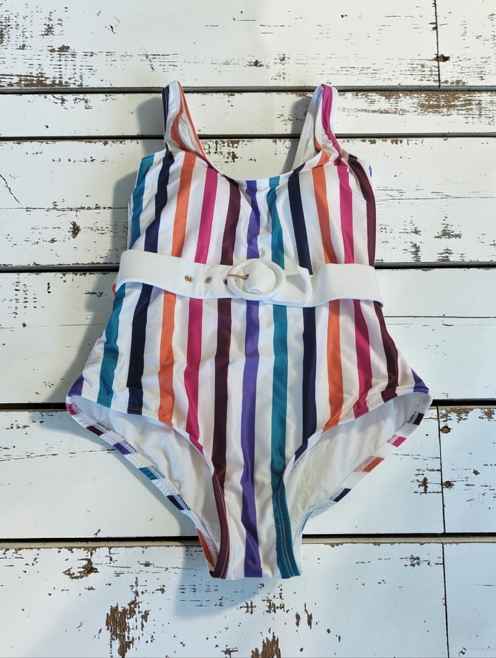 LIKE NEW Modcloth Rainbow Striped One-Piece Swimsuit with White Belt